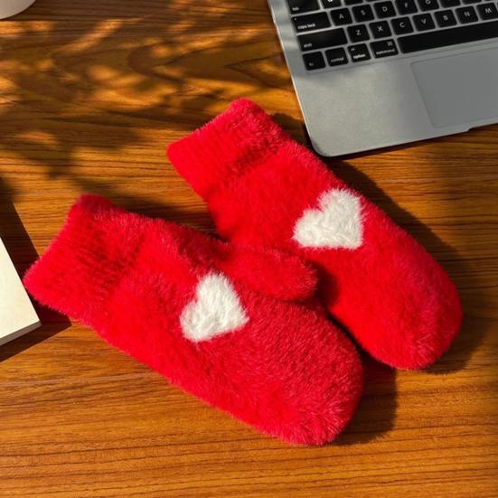 1 Pair Women Gloves Fingerless Red Heart Design Soft Fleece Lined Touchscreen Warm Mittens Valentine Day New Year Accessories