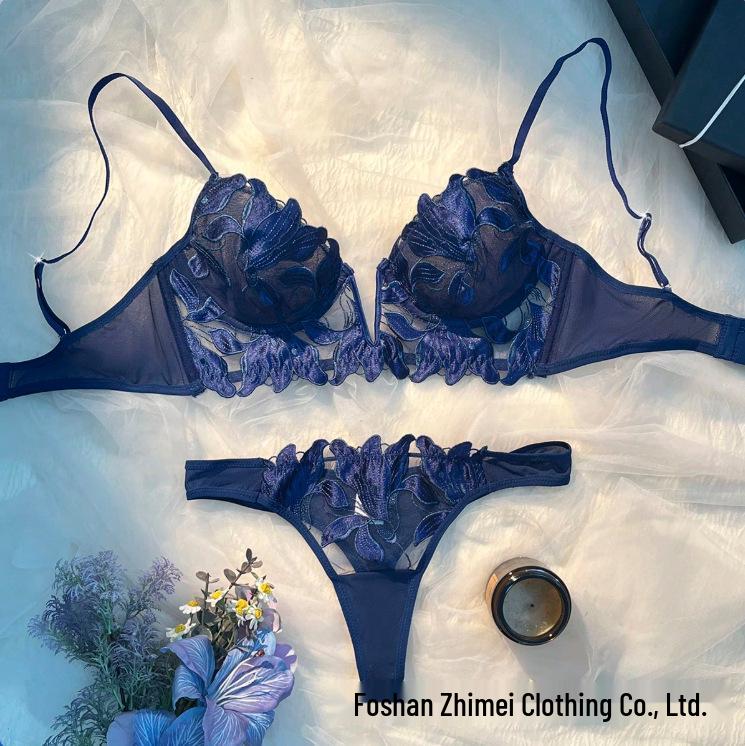 European & American Deep V Embroidered Lace Lingerie Set: Ultra-Thin Chest Minimizing Bra.