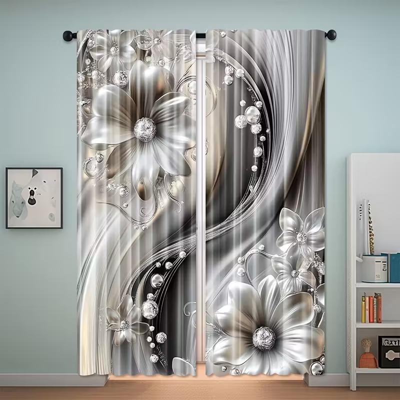 2 Stück Glas-Vorhänge mit Silberdruck, Stangentaschen-Design, Sichtschutz, geeignet zur Dekoration verschiedener Szenen