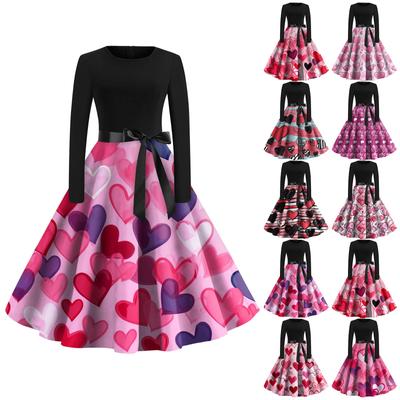 Women's Vintage Classic Dress Long Sleeve Valentine's Day Print Round Neck Swing Dress