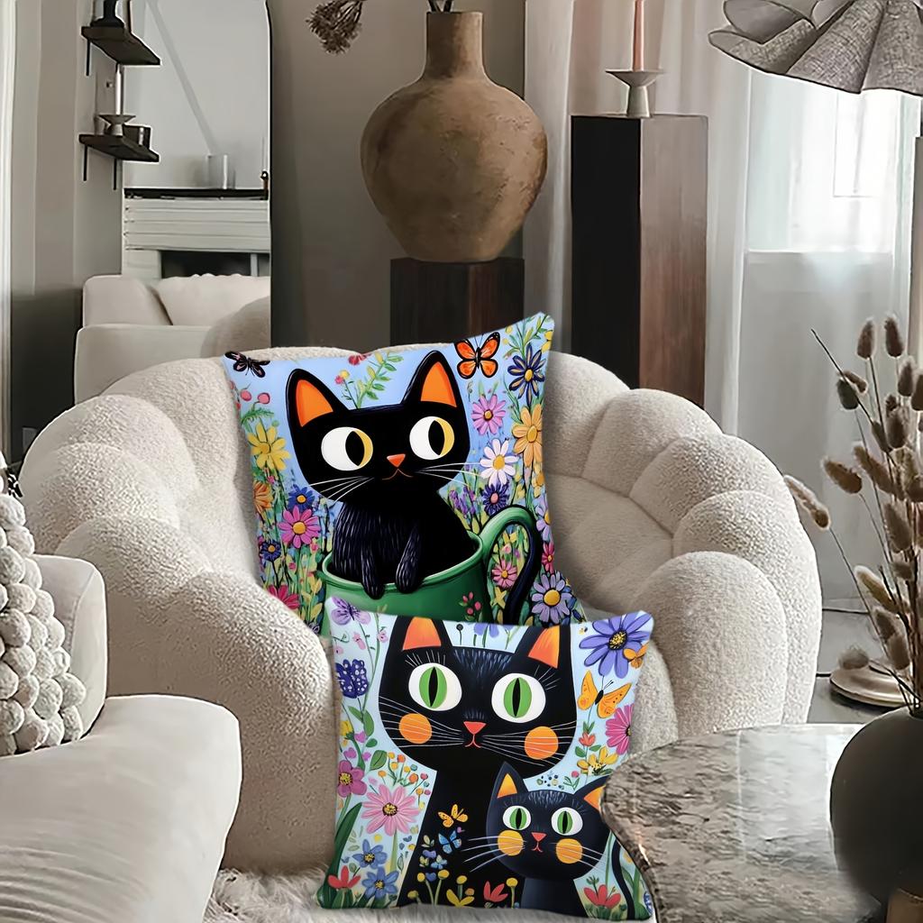 1/4pcs Black Cat Themed Floral Print Pillowcases Sofa cushion cover home bedroom room decoration