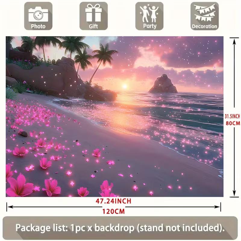 Dreamy Pastel Beach Tapestry, Enchanted Sunset Shore with Pink Petals and Sparkling Waves, Whimsical Coastal Wall Art