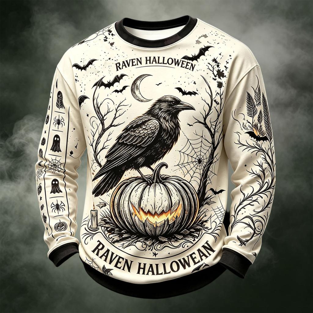 Men's Casual Long Sleeve Crewneck Knit Shirt with Halloween Print