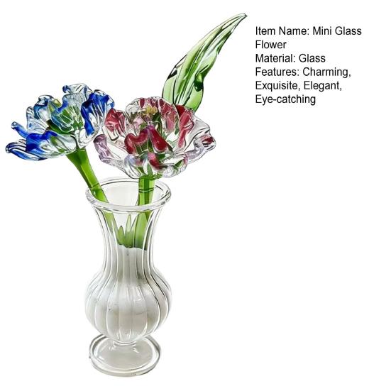 Mini Glass Flower Figurine Hand Blown Small Faux Crystal Carnation/Lily/Peony Flower Bouquet In Vase for Mother's Day Birthday Table Centerpiece