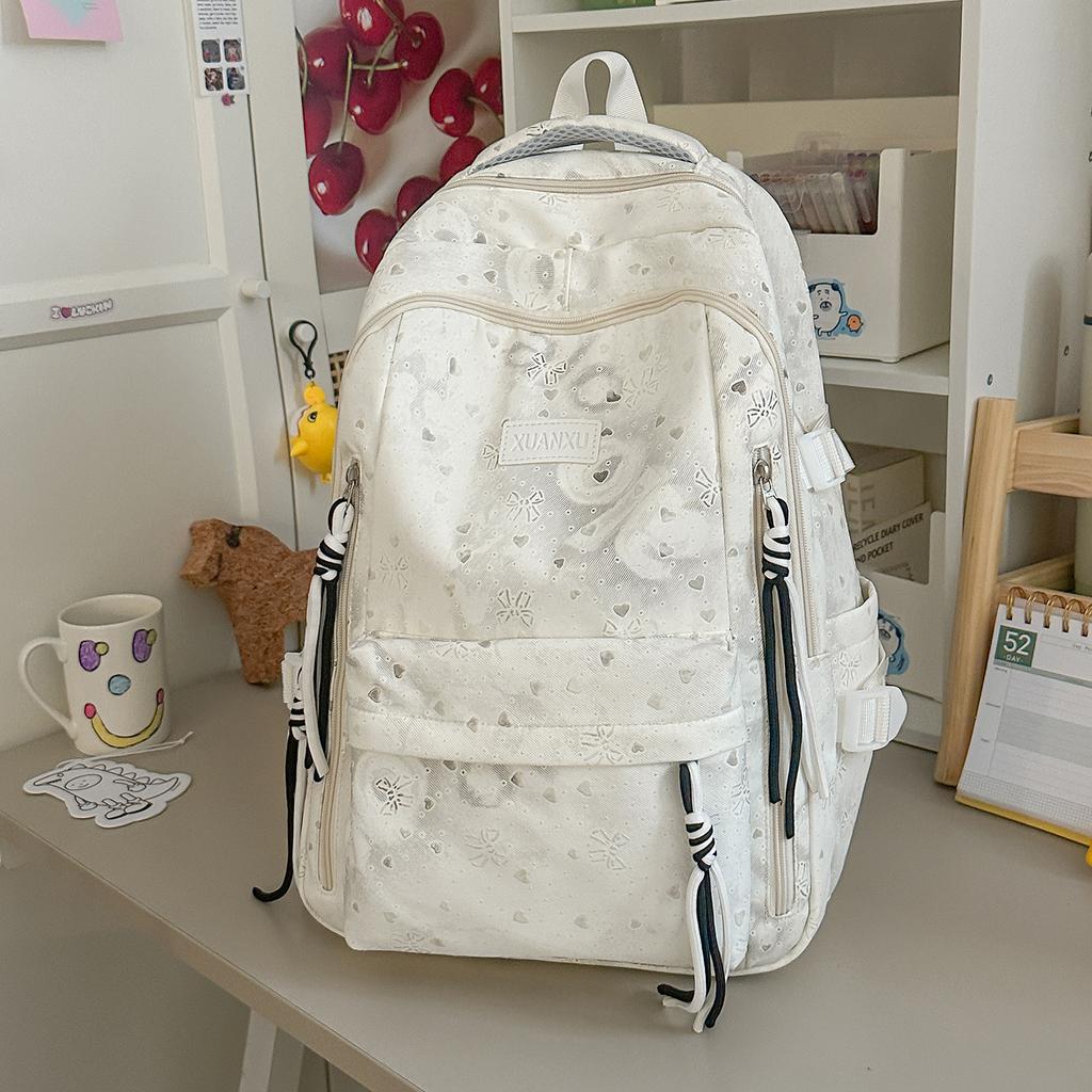 Schoolbag Bow Printed Student School Bag Women's Large Capacity Lightweight Backpack Junior High School Girls Campus Style Leisure Backpack