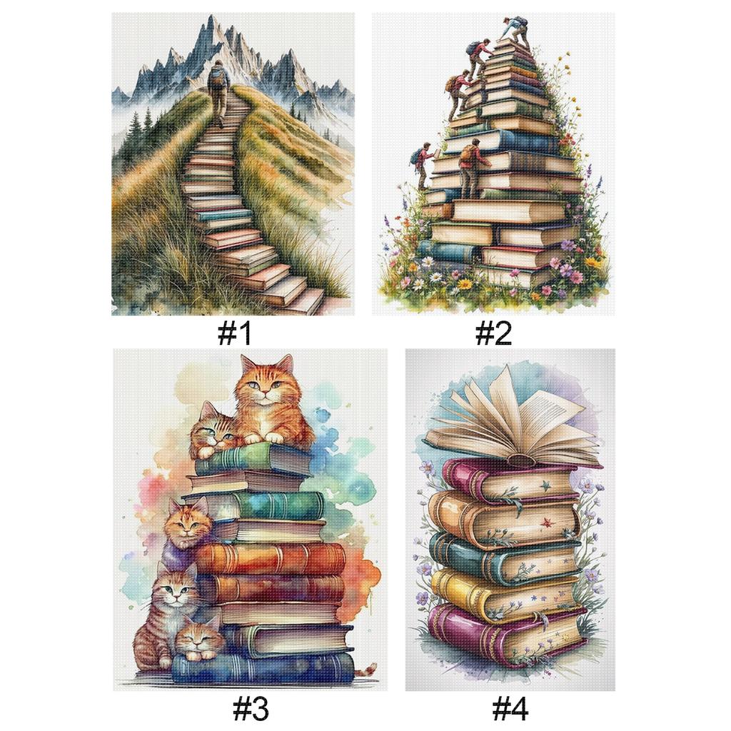 Pile of Books Full 11CT 3 Strands DIY Stamped Art and Crafts Kits 40*50cm/40*70cm for Beginners Adults Home Decor