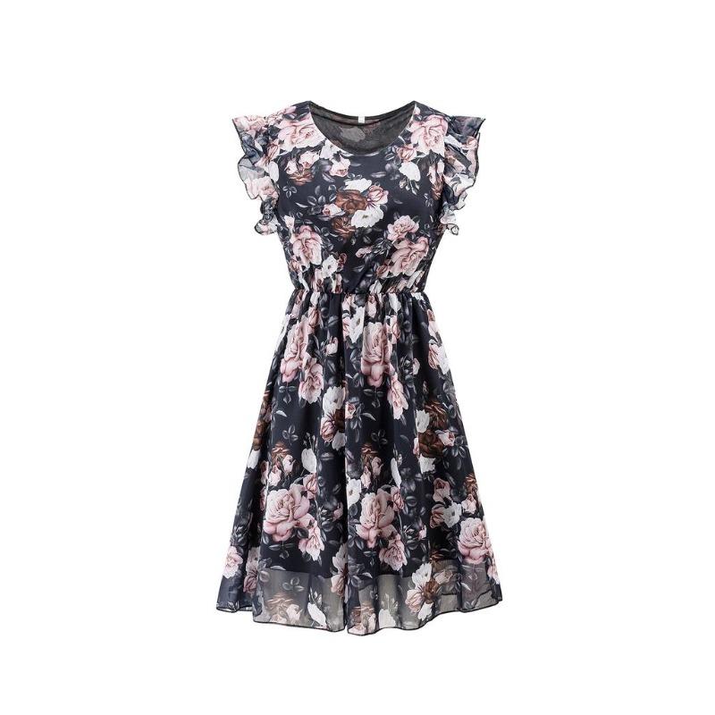 EastRogue Spring and Summer Lotus Short Sleeve Chiffon Print Casual Dress Woman