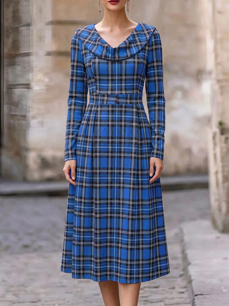 Autumn and Winter European and American New Women's Clothing Plaid Long Dress Printed Women's Clothing Dress Women