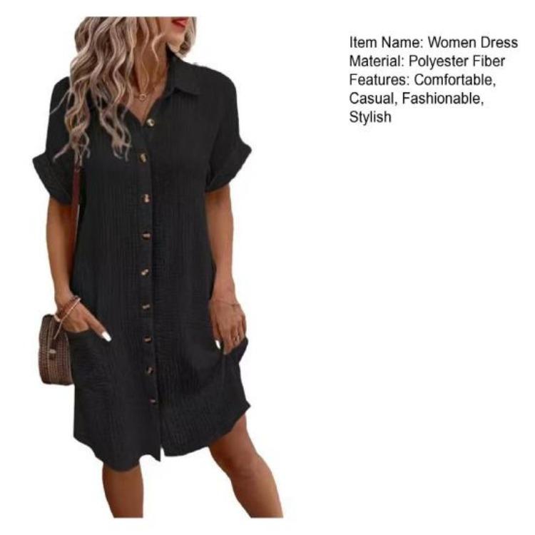 Letnia casualowa sukienka bawełniano-lniana z dekoltem w serek i kieszeniami, z krótkim rękawem, plażowa sukienka letnia, damska, zapinana na guziki