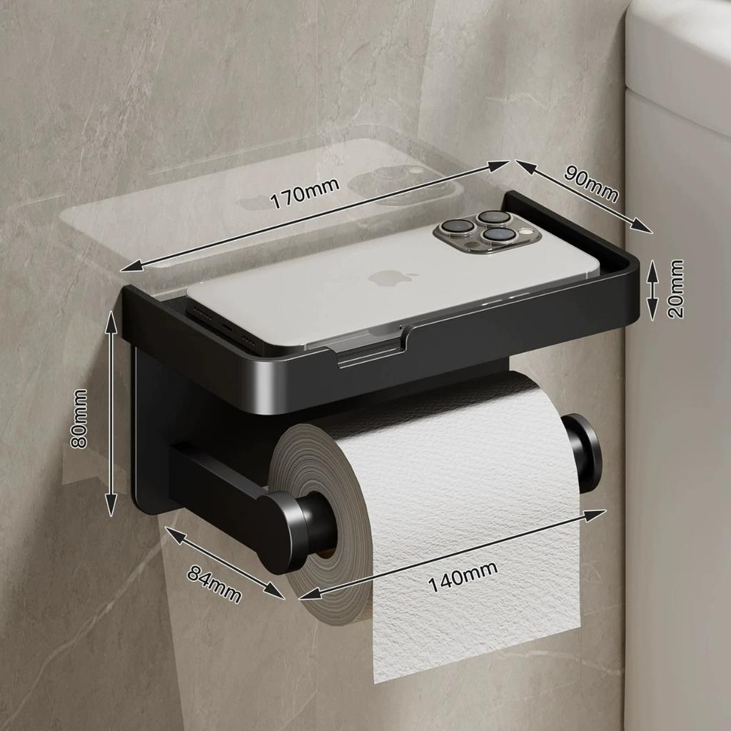 Gray Toilet Paper Holder with shelf Aluminum Black Tissue Paper Holder Milk Cream Paper Roll Holder With Phone Storage Shelf
