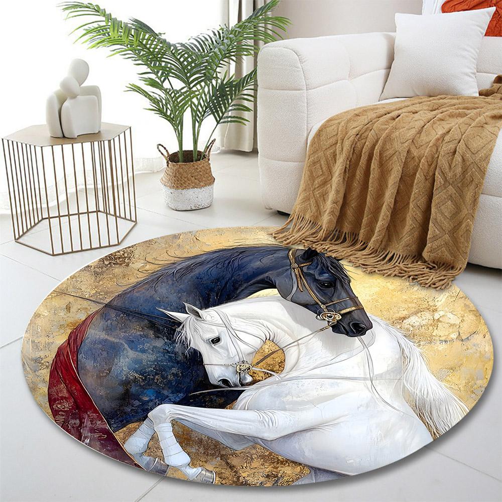 "Black and White Horses in Gold Art" Print round rug, living room, bedroom, playroom carpet, non slip floor mat, gift
