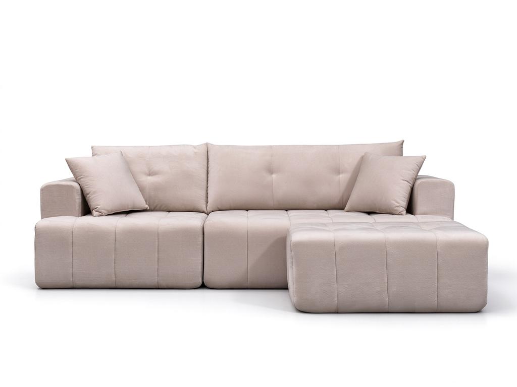 Modular Corner Sofa, Stool Positionable Left or Right, Square Armrests, Includes 2 Cushions, No Assembly, Living Room, Bedroom & Apartment, Beige