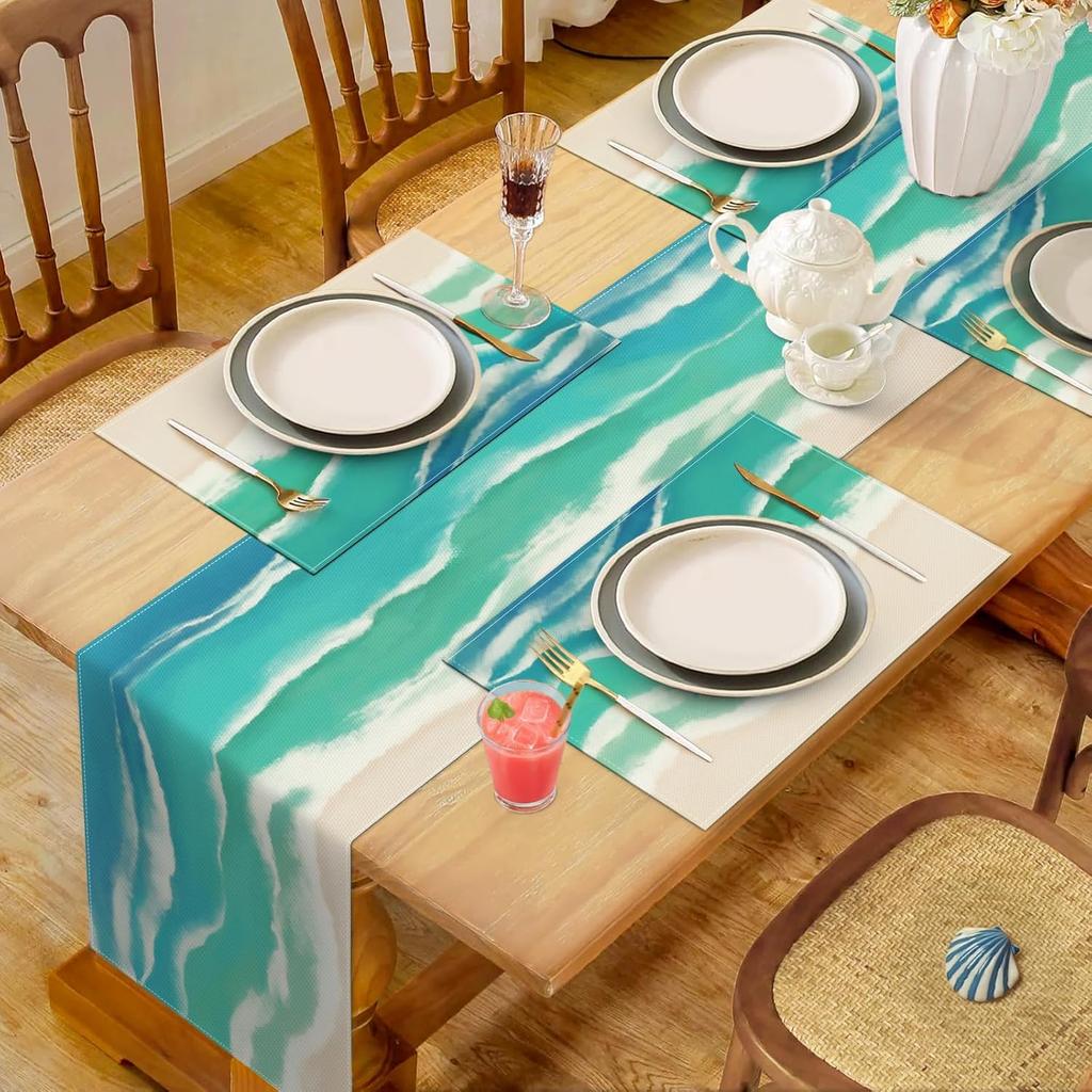 Bonhause Coastal Beach Table Runner 13x72 Inch Teal Blue Summer Ocean Kitchen Dinning Table Decoration for Indoor Outdoor Home Party Decor