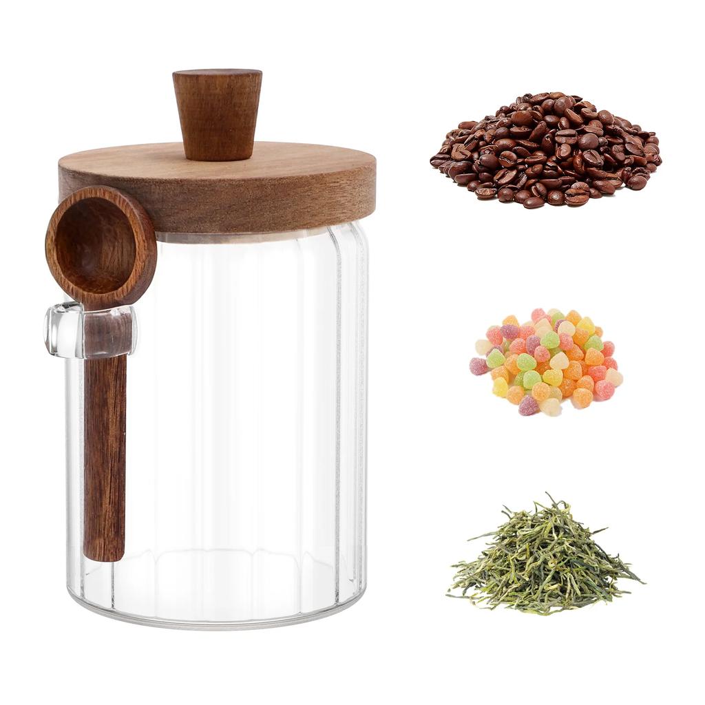 Airtight Glass Jars with Wooden Lid and Spoon Transparent Multipurpose Moisture-proof Coffee Food Storage Jar for Spices Beans