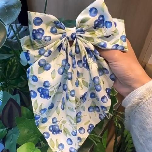 Double Layer Bow Spring Hair Clip Cherry Print Ponytail Hairpin Long Ribbon Fabric Hair Clip Girls Sweet Elegant Accessories New