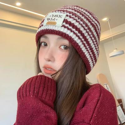 Autumn And Winter  Striped Versatile Korean Style  Large Head Circumference Wool Knitted Hat Pullover Hat For Women