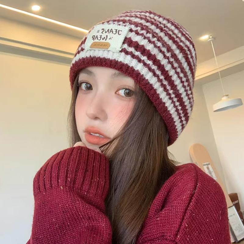 Autumn And Winter  Striped Versatile Korean Style  Large Head Circumference Wool Knitted Hat Pullover Hat For Women