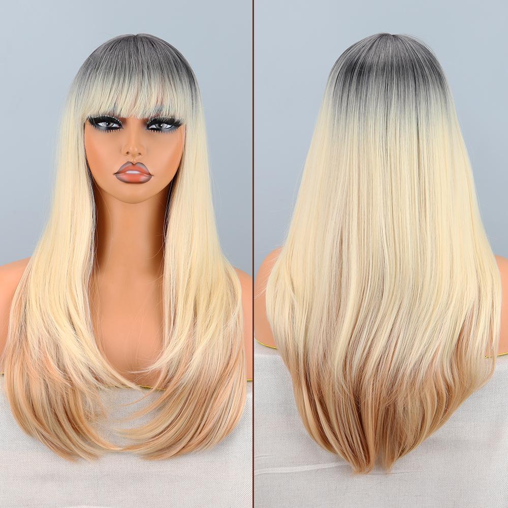 LISI HAIR Women Long Ombre Layered Natural Straight Wig with Bangs Synthetic Fiber Natural Daily Wear Cosplay Long Wavy Wig