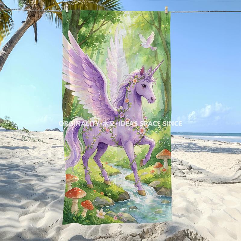 Magical Forest Winged Unicorn Beach Towel Patterned Sunscreen And Windproof Suitable For Swimming Pool Camping Travel
