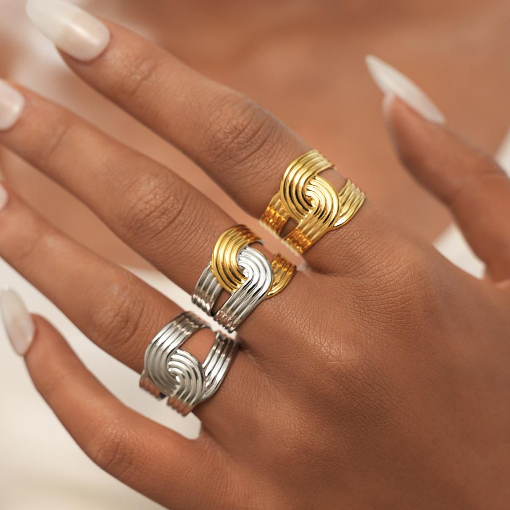 Edelstahl Damenring Unregelmäßiger Streifen Einzigartiges Design Offener Ring Metalltextur Fingerring Ästhetischer Schmuck Damen