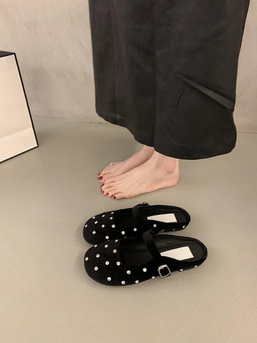 

Туфли женские 2025 года в стиле ретро со стразами, круглой головкой и неглубоким горлом, корейская версия французских темпераментных балеток Мэри Джейн 40 чёрный