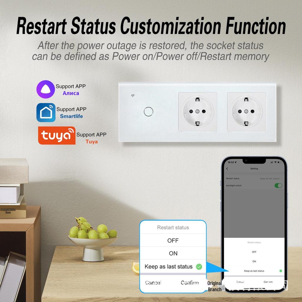 European Standard Type 228 Smart Switch Socket with Tempered Glass Panel, Alexa Voice Control, and Doodle App Compatibility
