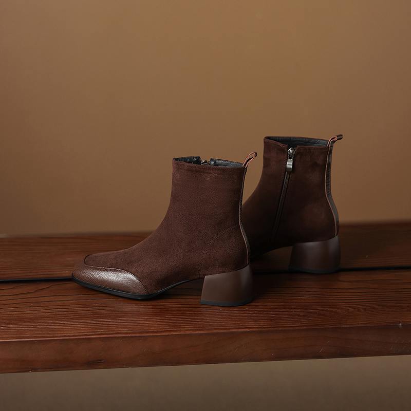 Krazing Pot Sheepskin Flock Winter Square Toe Chunky Heels Chelsea Fashion Boots Women Zip Patch Work Women Ankle Boots