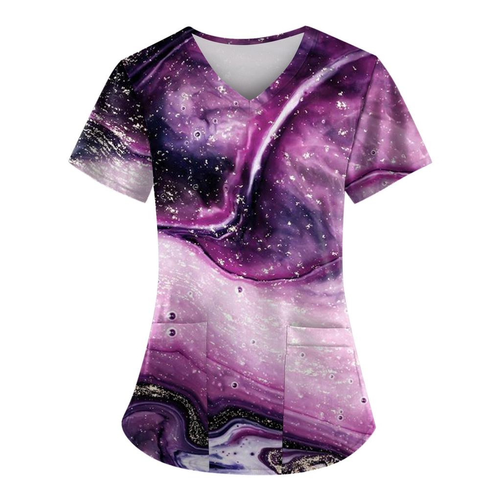 Dámská módní pracovní uniforma s potištěným tričkem a krátkým rukávem