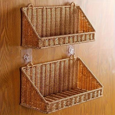 1Pc Rustic-style Faux Rattan Hanging Basket With Hooks, Wall-mounted Storage Basket, Suitable For Bathrooms And Kitchens.