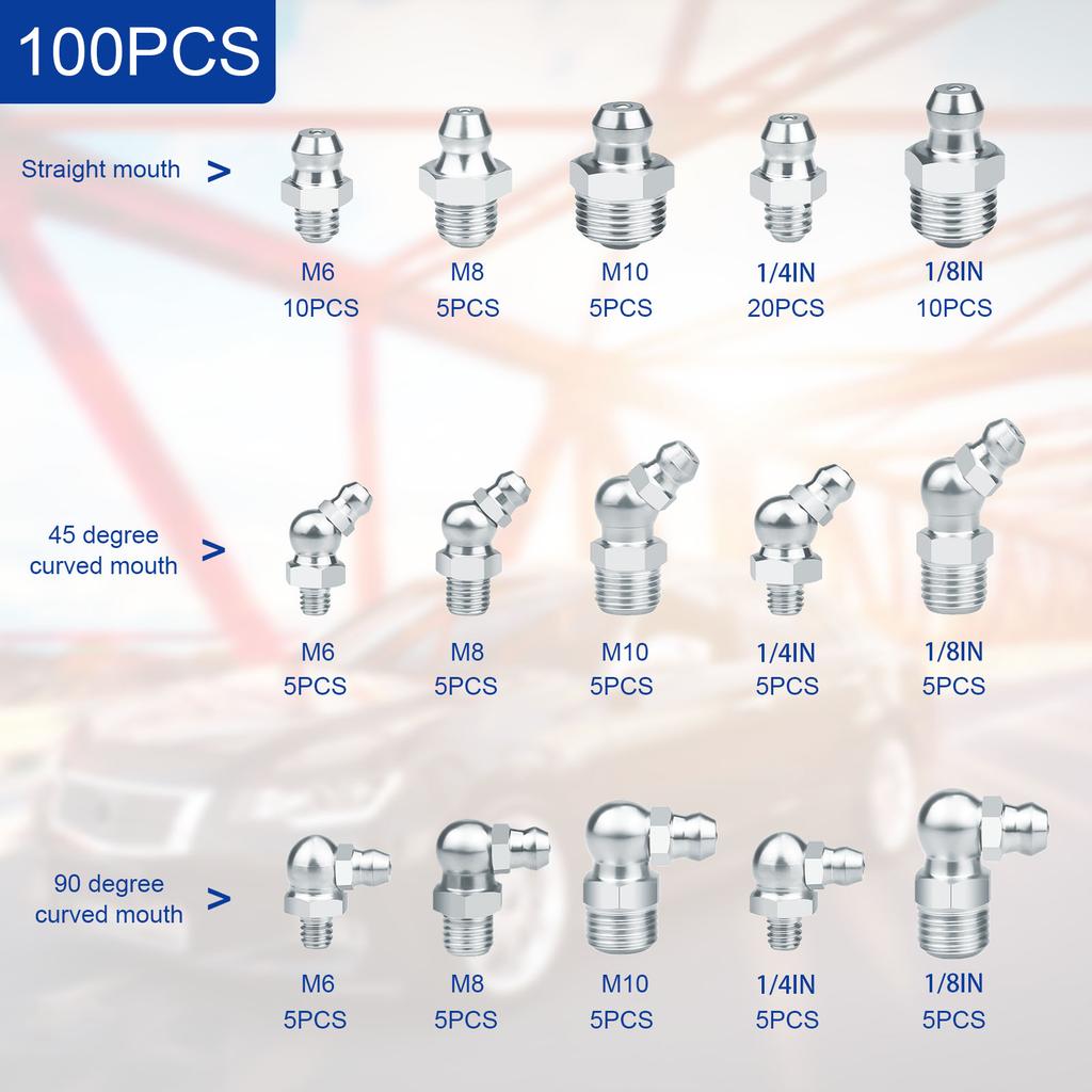 100Pcs M6/8/10 1/4" 1/8" Metric Grease Fittings Kit Versatile Stable Grease Fittings Assortment Kit Solid Grease Zerk Assortment