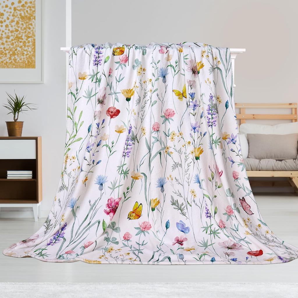 Watercolor Floral Throw Blanket Colorful Wildflower Blankets Botanical Plant Leaf Bed Blanket Flower Butterfly Flannel Fleece