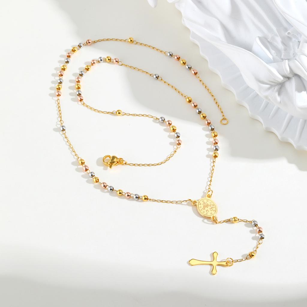 Vnox Dreifarbige Rosenkranz Jungfrau Maria Halskette Für Frauen Edelstahl Modeschmuck Heiliger Benediktus Kreuz Y-förmige Halskette