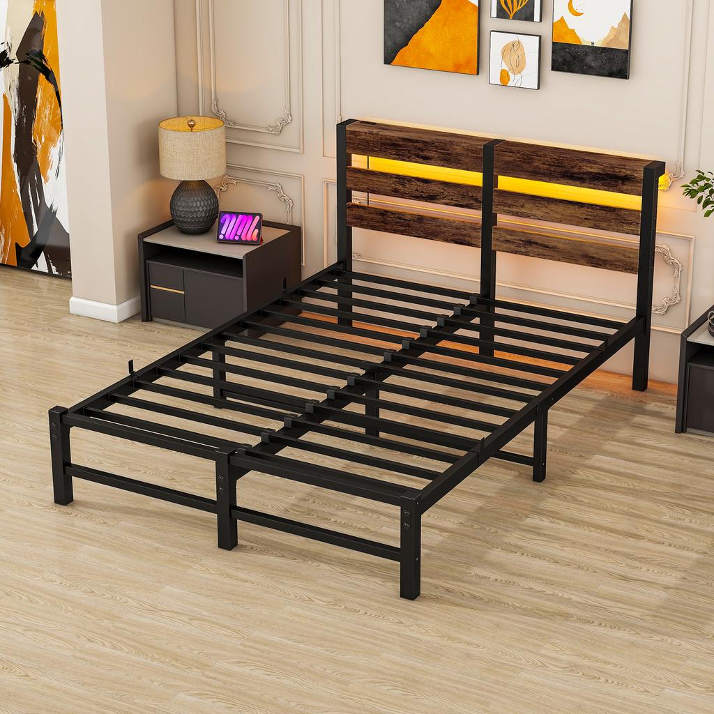 120x200 Bed Frame with LED Lighting and USB Charging Station, Metal Bed Frame Without Mattress, with Storage Under the Bed