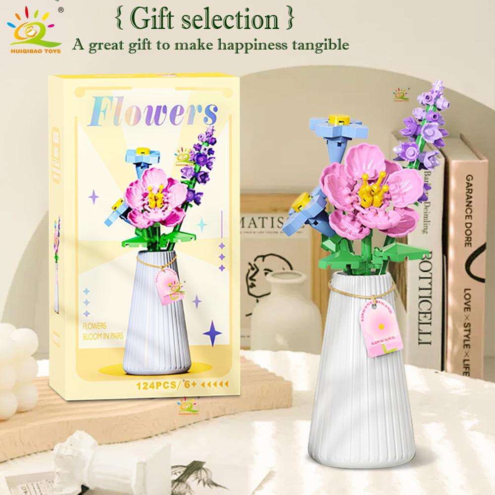 HUIQIBAO MOC Eternal Flower Bouquet with Pot Micro Building Block Sunflower Rose Mini Model Brick Toy Home Desk Decoration