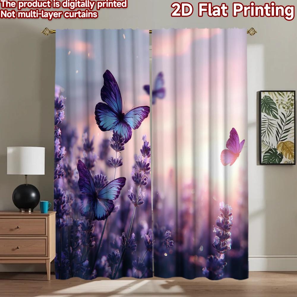 2D flat printing 2pcs Curtains Beautiful Butterflies Lavender Field Digital Printed Polyester Drapes Birthday Party for Indoor