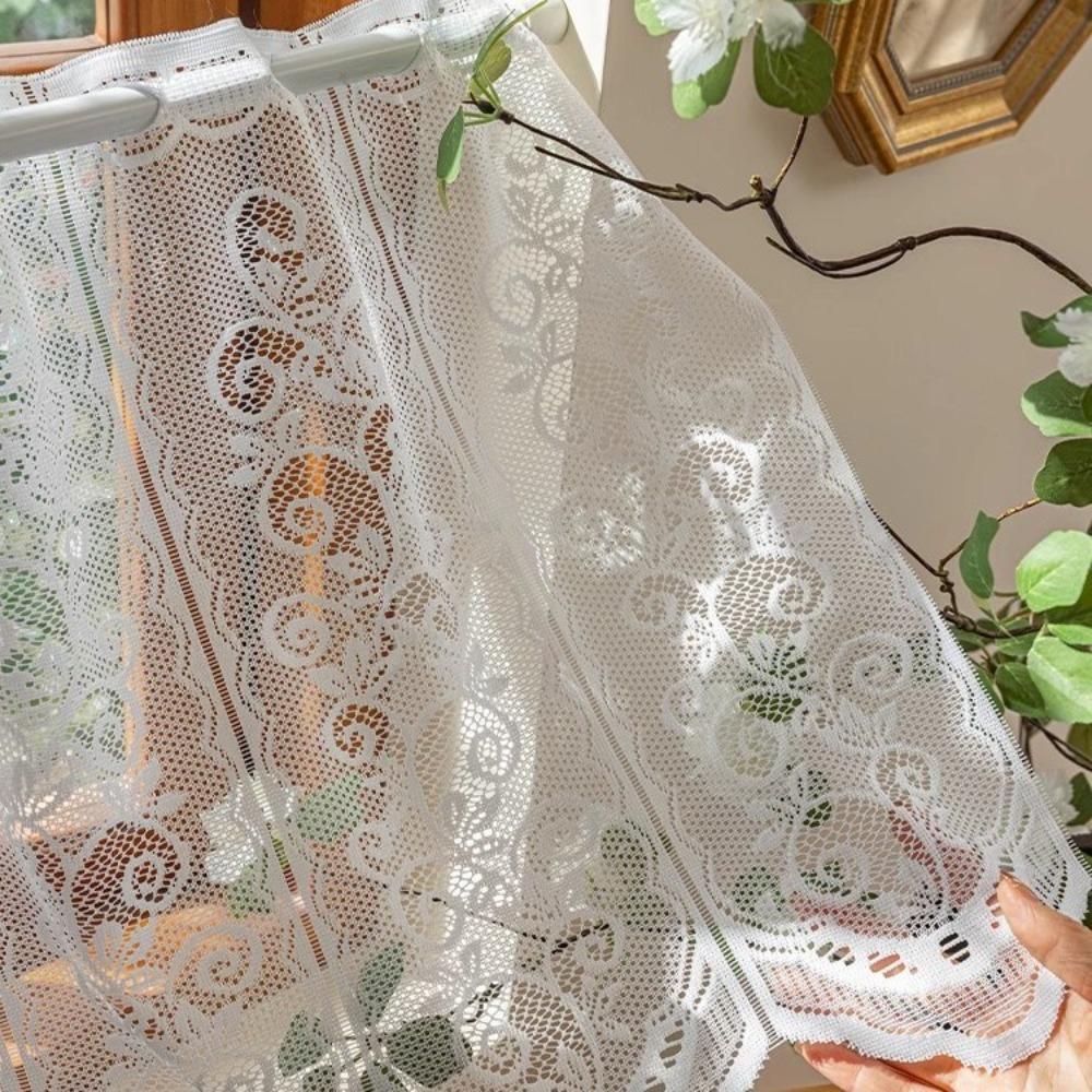 Through-shaft Type White Lace Short Window Sheer Floral Embroidery Partition Short Valance Bedroom