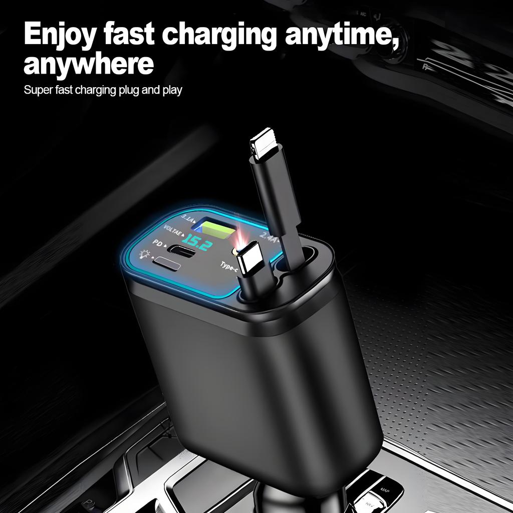 120W Retractable Car Charger with Roof Starlight USB C Cable Fast Charger Cigarette Lighter Adapter For IPhone Huawei Samsung