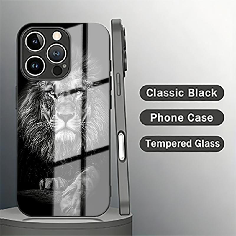 Brave Gray Lion Tempered Glass Phone Case for iPhone 17 Pro Max 16 15 14 Plus 13 12 11 Pro Max 16E 17Air X XR XS 7 8 SE2 Cover