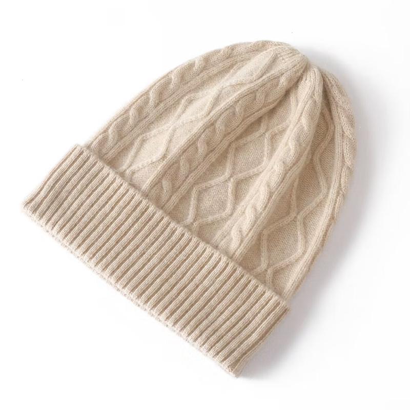100%Wool Diamond Pattern Knit Hat For Women Fashionable Solid Color Jacquard Pullover Hat Winter Thick Wool Ear Protection Hat бежевый
