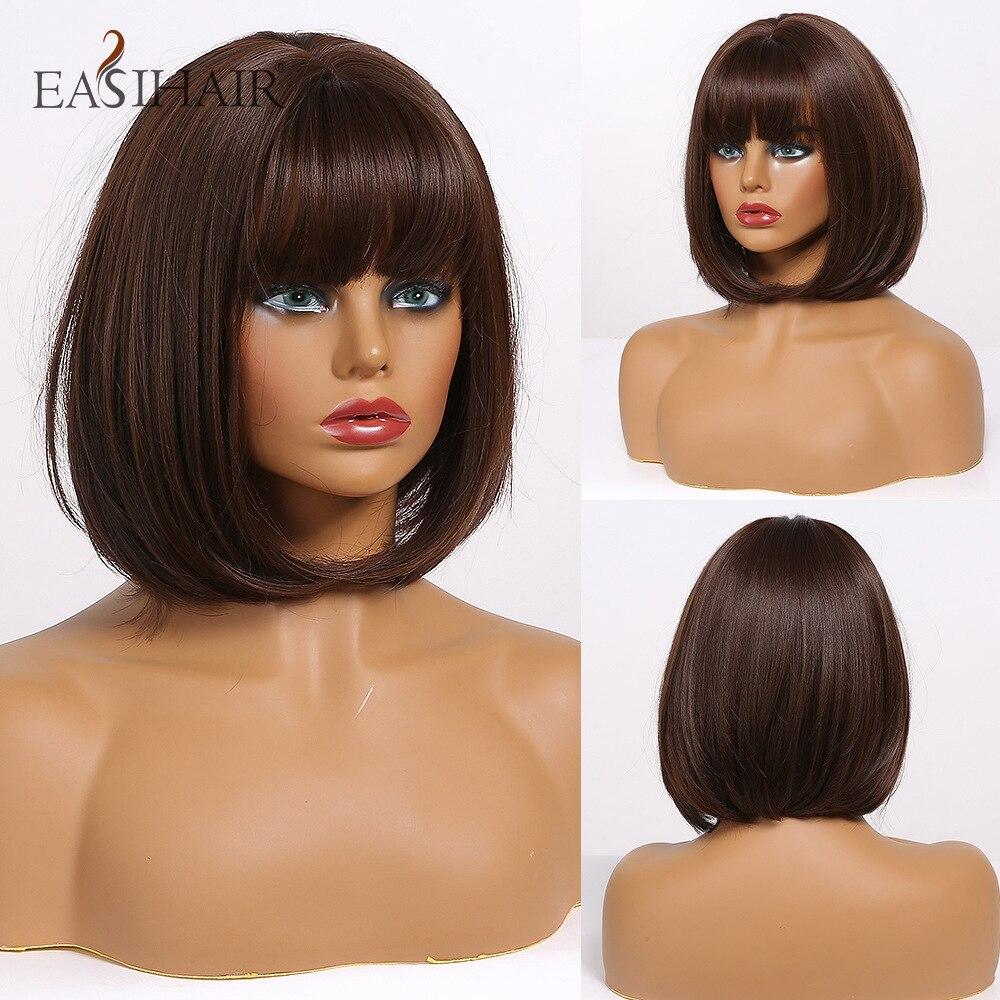 EASIHAIR Perucas de cabelo natural Bob, laranja, marrom, liso, bob, perucas sintéticas, perucas de cabelo de fibra resistente ao calor, perucas de cosplay para festa diária