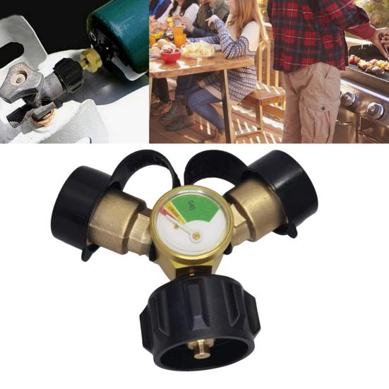 2-vägs gastanksadapter med gasnivåindikator Mätare Metall Propantanksanslutning Utomhuscamping Matlagning Gastanksomvandlare