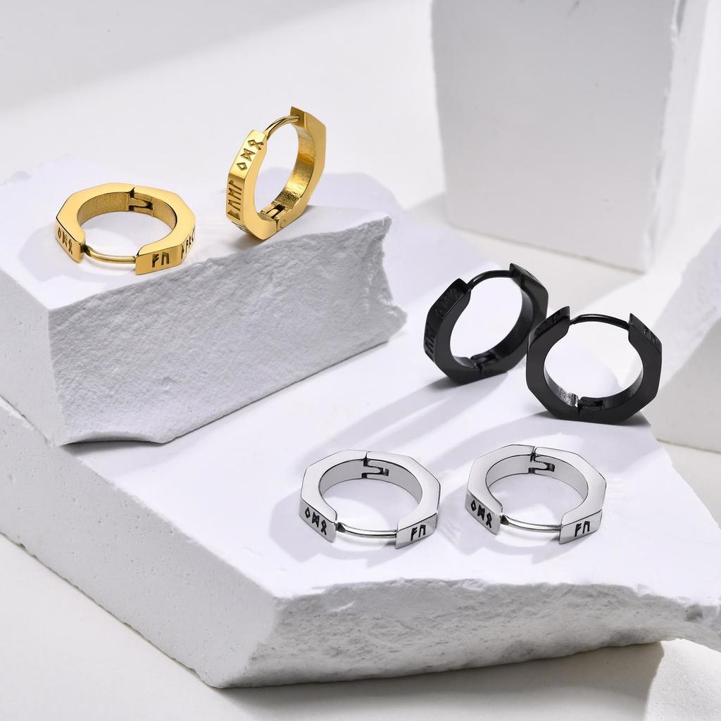 Orecchini a Cerchio Vichingo del Nord da uomo Acciaio Inossidabile Ottagono Rune Orecchini Rotondi Talismano Gioielli Eleganti Regali Vichinghi per Uomo