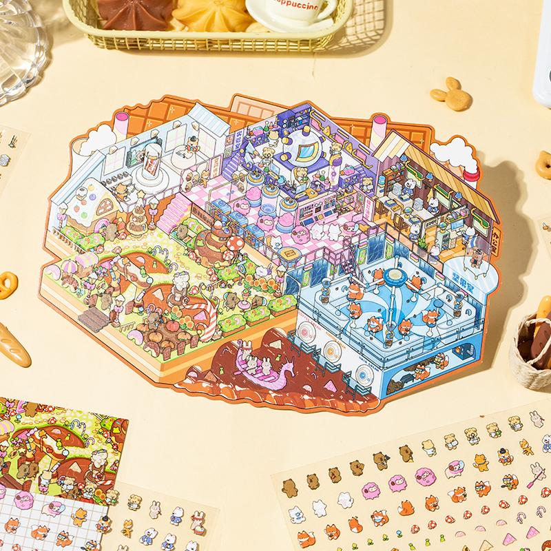 3pcs Cartoon Puzzles Stickers Cute Visual 3D Stereoscopic Cabin Decompression Scene Tent Sticker Handmade Stacking Scene Sticker