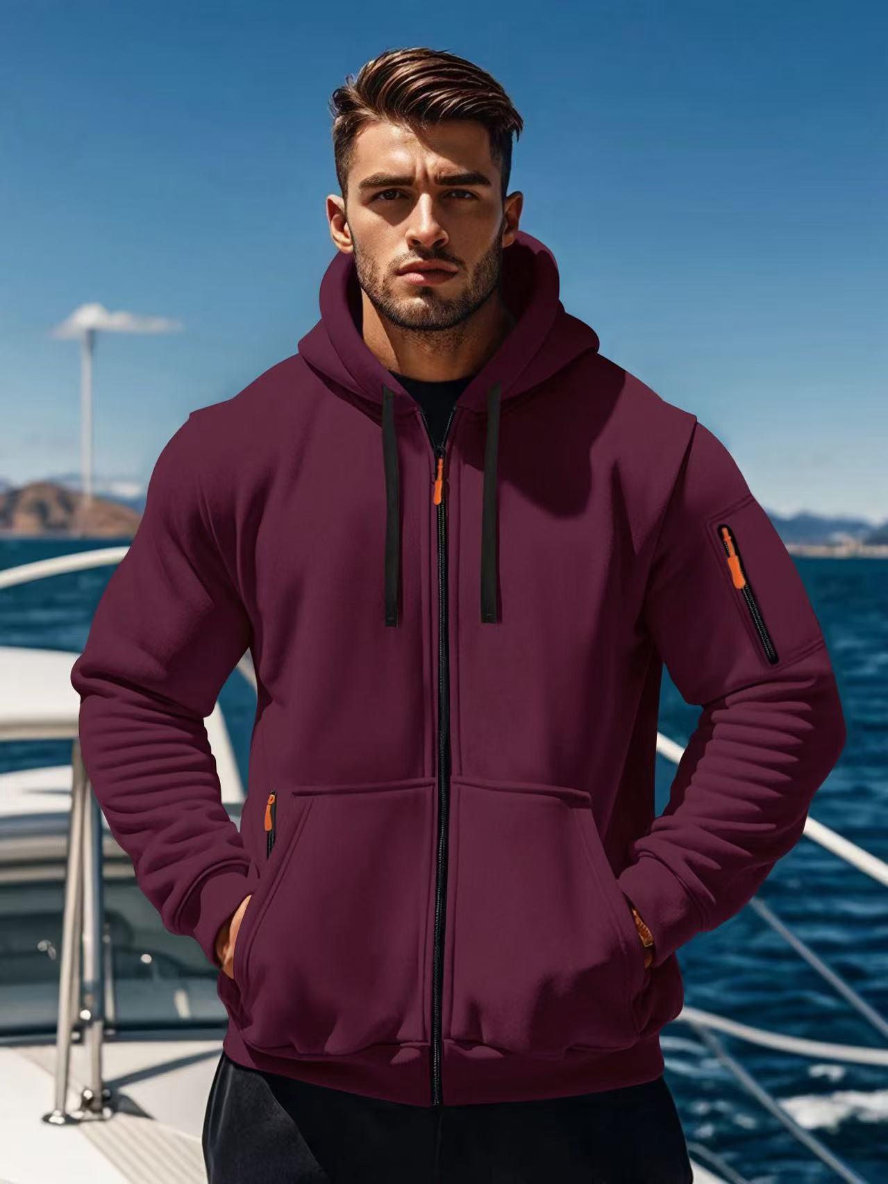 

2025 TUME Men s Multi-Pocket Zipper Hoodie Sweatshirt Jacket Small вина червоного кольору