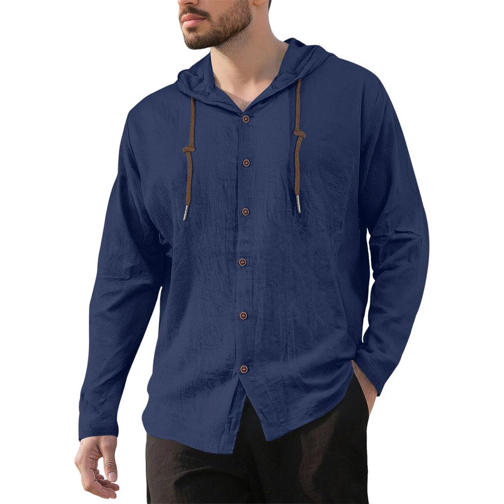 Men's Casual Hooded Long Sleeve Shirt Button Down Lightweight Breathable Loose Fit Oversized Cotton Shirt for Outdoor Sports