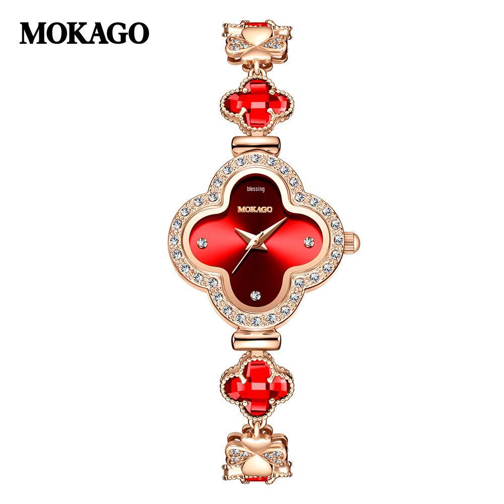 Mokga Women s Retro Four-Leaf Clover Diamond Inlaid Quartz Bracelet Watch, Waterproof