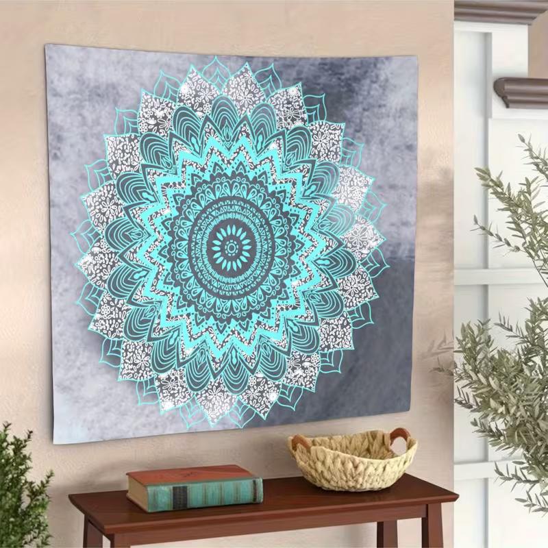 2D Aesthetic Mandala Tapestry, Grey Tie Dye & Turquoise Floral Background Cloth