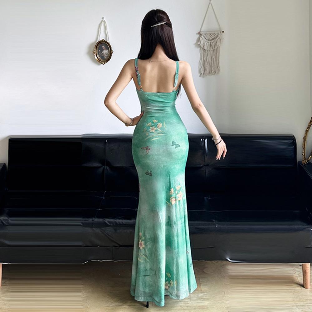 French Spice Girl Spring Pocket Collar Waist Skinny Fishtail Long Skirt Mori Smudged Butterfly Printed Mesh Suspender Skirt