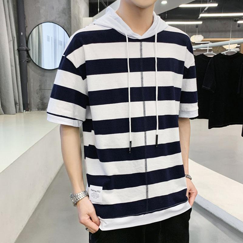 IELGY Halbärmeliges Hemd, gestreift, kurzärmeliges T-Shirt mit Kapuze, lässig, trendig, Kontrastfarbe, lockerer Stoff-Patch für Herren