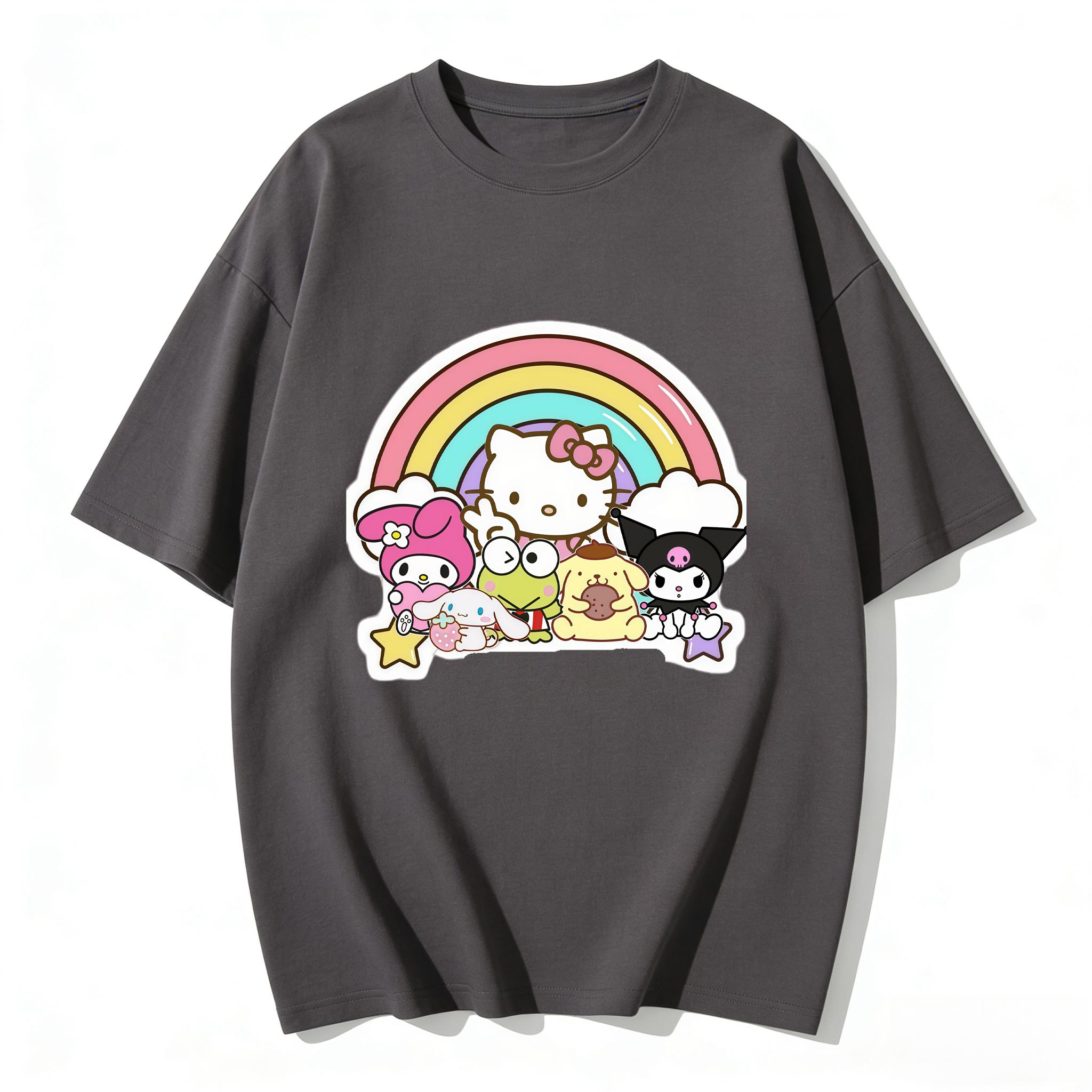 

2026 New Sanrio Characters Rainbow Cartoon Print Tshirt Family Matching Outfits Casual Short Sleeve Tee for Women Unisex Kids Tops S